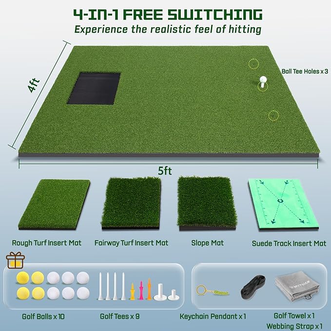 Upgrade Multi-Function Golf Hitting Mat – MyVoice 5x4ft Thickened Mat with Interchangeable Turf, Durable Non-Slip Base for Indoor & Outdoor Practice, Ideal for Golfers of All Levels-StrideForce Fitness