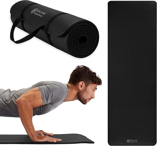 Gaiam Essentials Thick Yoga Mat Fitness & Exercise Mat with Easy-Cinch Yoga Mat Carrier Strap, 72"L x 24"W x 2/5 Inch Thick-StrideForce Fitness