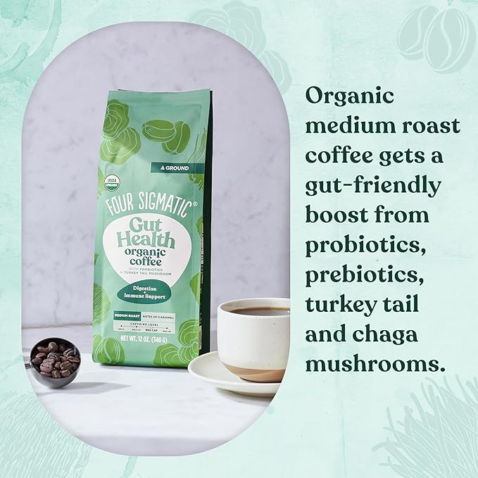 Four Sigmatic Gut Health Organic Ground Coffee | Medium Roast, Immune Boosting Probiotic Mushroom Coffee with Chaga & Turkey Tail for Gut Health & Immune Support | 12oz Bag-StrideForce Fitness