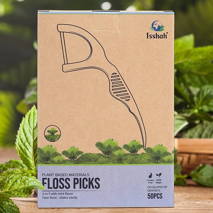 Natural Dental Floss Picks (300 Count) - Kraft Paper Box Packaging, Plant Based, PETA Approved Vegan, Eco Friendly, Sustainable Dental Flossers - Twin Floss (Mint)