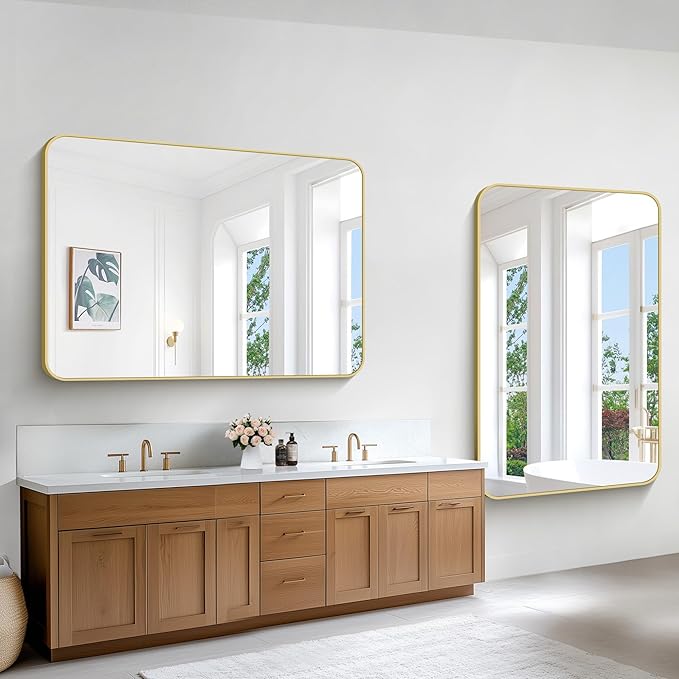 Gold Bathroom Mirror,55x36 inch Wall Mirror for Bathroom Wall Mounted,Round Rectangle Mirror for Bathroom Over Sink,Modern Frame for Home Decor Living Room,Bedroom Entryway,Horizontal/Vertical-StrideForce Fitness