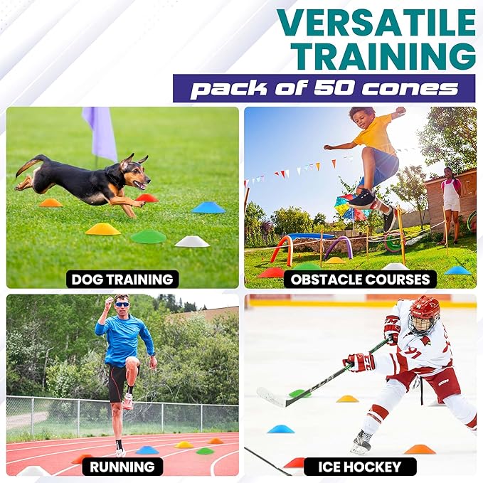 Training Soccer Cones 25/50/100 Pack with Carry Bag & Holder – 5 Colors – Agility Disc Cones Set Sports Practice Equipment for Soccer, Football, Basketball, Coaching & Speed-StrideForce Fitness