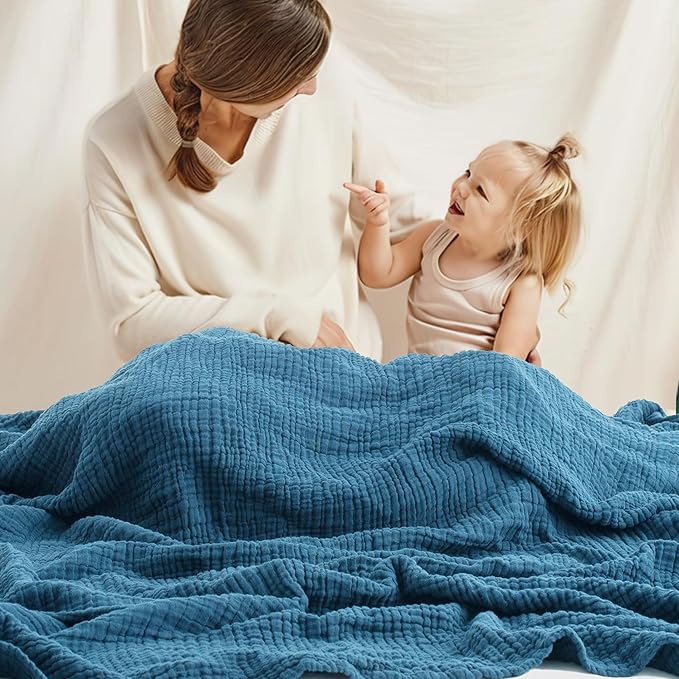 Carriediosa 100% Cotton Muslin Throw Blanket 108" X 90" King Size，4-Layers Summer Gauze Throws for Bed Couch，Soft Lightweight Breathable Linen Blankets Bedspread for Adults All Season，Dusty Blue-StrideForce Fitness