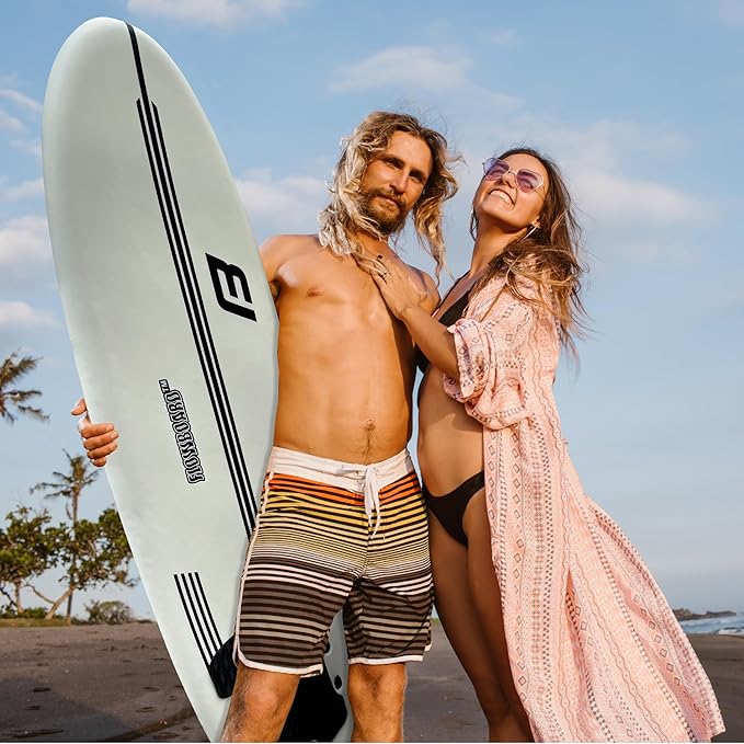 FLOWBOARD Surfboard Softboard Foam - Include (3) Fins 6’ Foot Leash and (2) Wood Stringers Inside Board Availalable in 6' and 7' Short Board and 8' Longboard-StrideForce Fitness