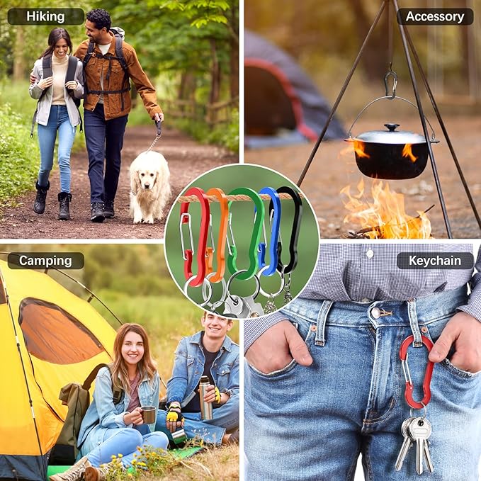 sprookber 3.2 Inch Aluminum Carabiner Clips D Ring, Caribeaner Spring Snap Hook with Keychain for Camping, Hiking, Gym & Outdoor Gear, Set of 10-StrideForce Fitness