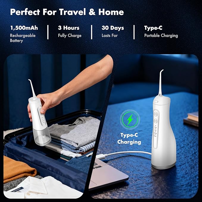 Dygoophy® 2-Pack Cordless Water Flosser Set – Rechargeable Portable Oral Irrigator, IPX7 Waterproof Flosser, 4 Modes, Long Battery Life, for Braces & Sensitive Gums (300ml, White)