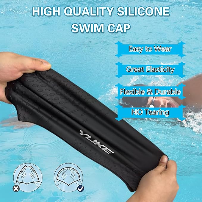 Silicone Swim Cap for Long Hair Adults Women Men, Waterproof Stretchy Swimming Caps, Durable Tear Resistant Bathing Cap-StrideForce Fitness