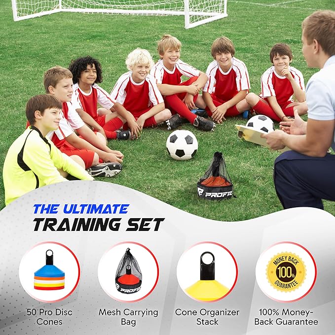 Pro Disc Cones (Set of 50) - Agility Soccer Cones with Carry Bag and Holder for Sports Training, Football, Basketball, Coaching, Practice Equipment, Kids - Includes 15 Best Cone Drills Book-StrideForce Fitness