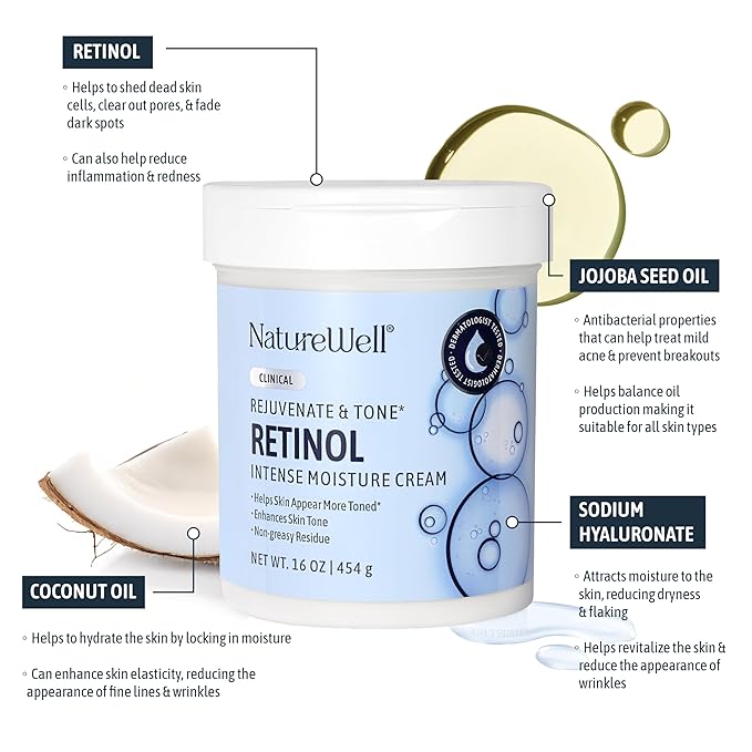 NATURE WELL Clinical Rejuvenate & Tone Retinol Intense Moisture Cream for Face, Body, & Hands, Anti-Aging, Targets Discoloration, Wrinkles, Sun Damage, Crepey, & Sagging Skin, 16 Oz-StrideForce Fitness