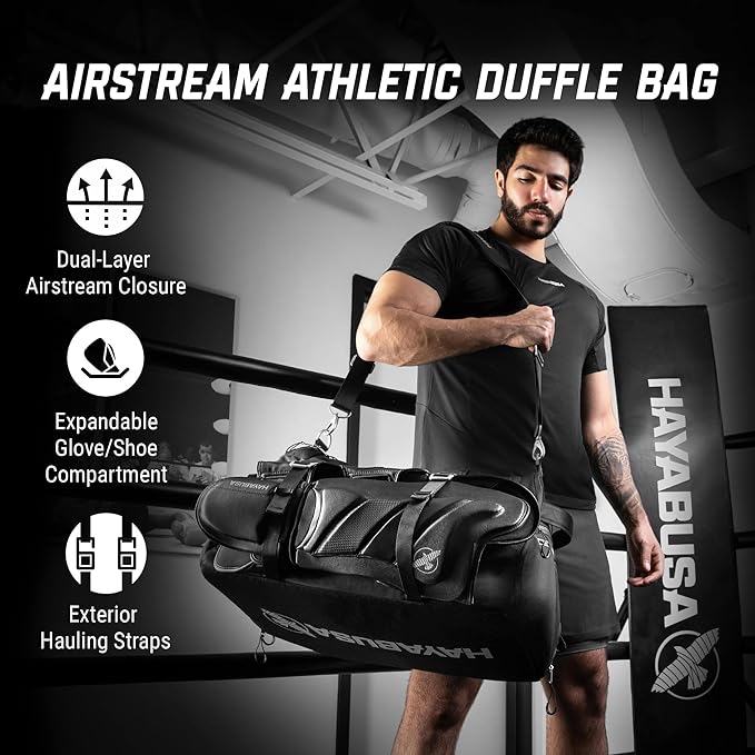 Hayabusa Airstream Athletic Duffle Gym Bag for Women and Men - Black, 50l duffle bag - 7 zippered Pockets, Good for travel, Boxing, MMA, BJJ, kickboxing, Muay Thai, wrestling, Glove/Shoe Compartment-StrideForce Fitness