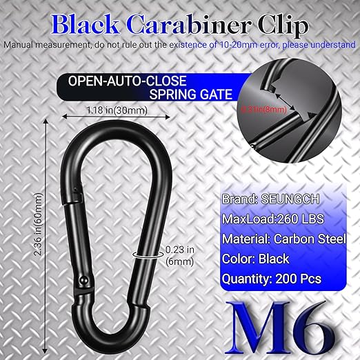 200Pcs 2.36" Heavy Duty Snap Hook Carabiners - M6 Galvanized Steel Quick Links for Keys, Hammocks, Swings, Outdoor Gear - Camping, Hiking, Fishing (Black)-StrideForce Fitness