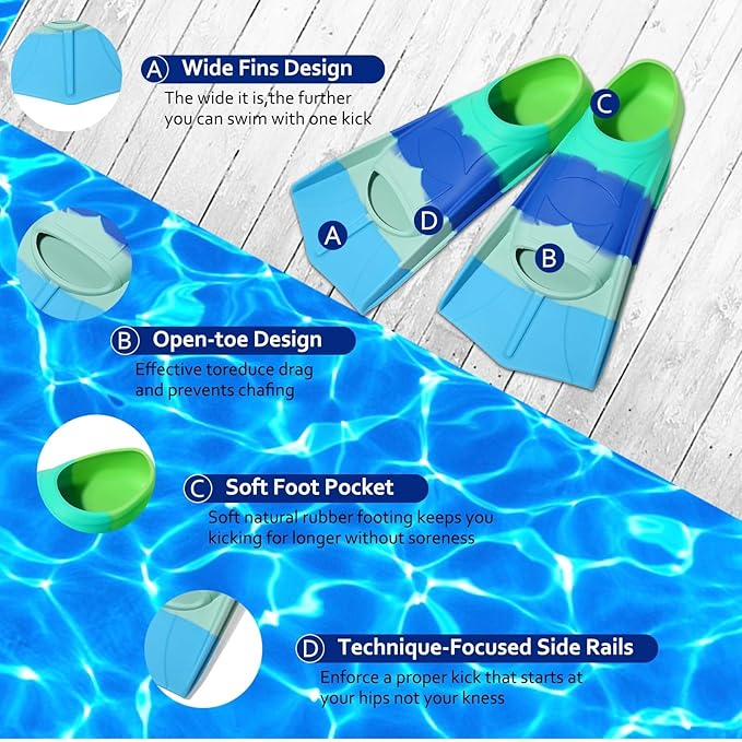 Kids Swim Fins,Short Kids Fins Youth Swimming Flippers for Lap Swimming Training for Children Girls Boys Beginners-StrideForce Fitness