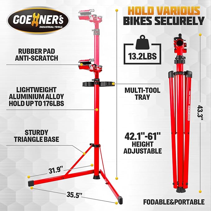 Upgraded Bike Repair Stand Max 176 lbs, Heavy Duty Bicycle Repair Stand, Portable Aluminum E Bike Stand Manintenance Workstand for Any Bike, Heavy E-Bike, Mountain Bike and Road Bike, Red-StrideForce Fitness