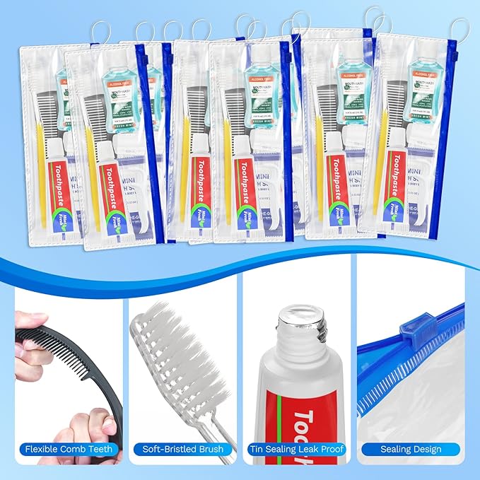 Xuezoioy Personal Hygiene Kit Bulk Pack of 5,Yellow Basic Travel Toiletry Set Disposable Toothbrushes with Toothpaste Mouthwash Floss Comb Cover and Zip Bag for Homeless,Charity,Guests
