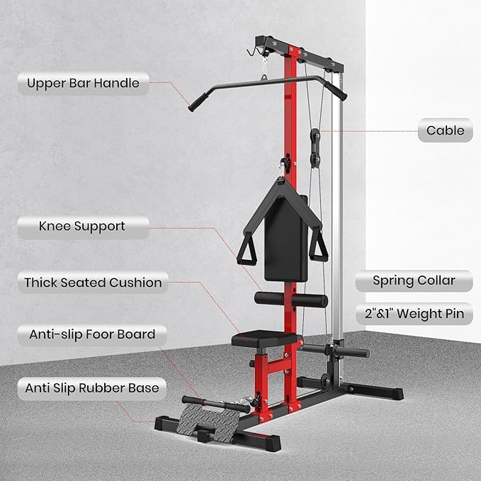 LAT Pulldown Machine, Multi-Functional Cable Machine with High and Low Pulley Station, Row Cable Machine Home Gym with Leg Support, Tricep Workout Equipment-StrideForce Fitness