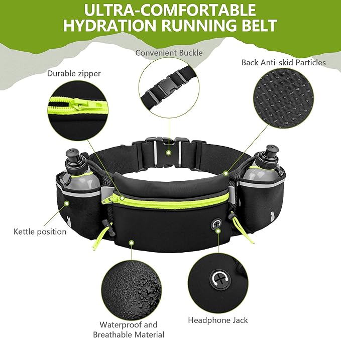 Hydration Running Belt for Women & Men with 2 Water Bottles – Water-Resistant Waist Pack & Phone Holder, No-Bounce Fit for Running, Hiking, Workouts – Bonus Sweatband, Fits All Phones-StrideForce Fitness