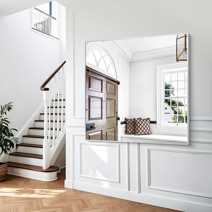 Silver Bathroom Mirror,48x48 inch Wall Mirror for Bathroom Wall Mounted,Large Rectangle Mirror for Bathroom Over Sink,Modern Metal Frame for Living Room,Bedroom Entryway,Horizontal/Vertical-StrideForce Fitness