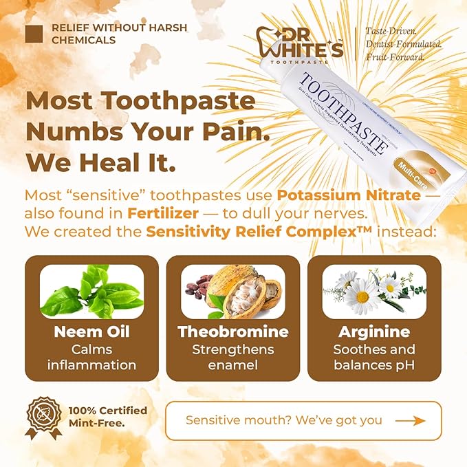 Dr. White’s Fluoride-Free nHA Toothpaste; Dentist-Formulated, Nano Hydroxyapatite + Xylitol, Sensitivity Relief Complex™, Mint-Free, Enamel Safe, Swallow-Safe (3.5 Oz, Mango Joy)