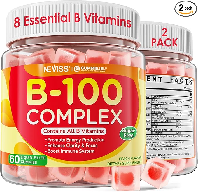 2 Pack Vitamin B Complex Gummies for Women & Men, All B Vitamins - Methyl B12, MTHF Folate, B1, B2, B3, B5, B6, Biotin w/ Vitamin C, Choline, Inositol, PABA for Energy, Brain & Immunity, Sugar Free-StrideForce Fitness