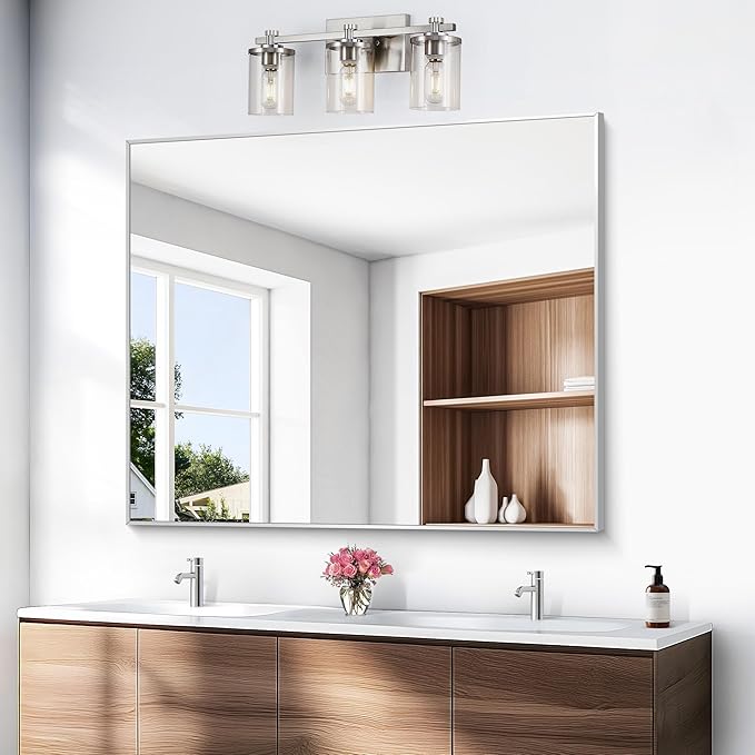 Silver Bathroom Mirror,40x48 inch Wall Mirror for Bathroom Wall Mounted,Large Rectangle Mirror for Bathroom Over Sink,Modern Metal Frame for Living Room,Bedroom Entryway,Horizontal/Vertical-StrideForce Fitness