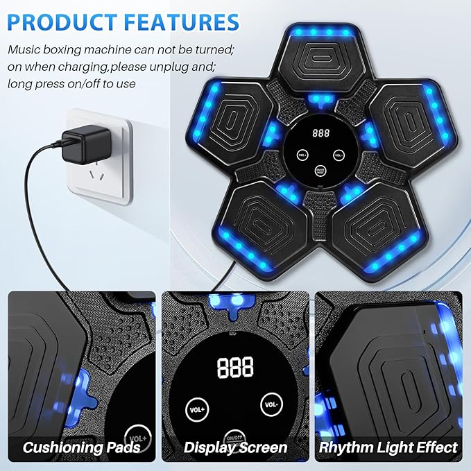 Music Boxing Machine, Bluetooth Music Punching Machine with Gloves, Electronic LED Boxing Training Equipment Wall Mounted, 9 Modes & 9 Speeds, Boxing Target for Home, Office, Gym-StrideForce Fitness
