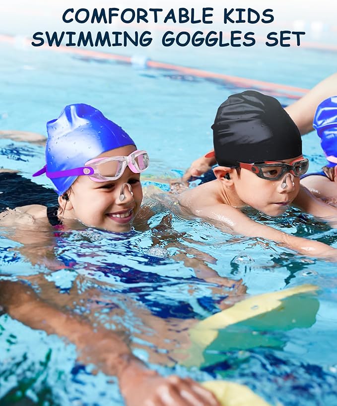 Kids Swim Goggles, Swimming Goggles for Kids Toddlers 3-14 with Swim Cap, Nose Clip, Nose Bridge, Ear Plugs-StrideForce Fitness