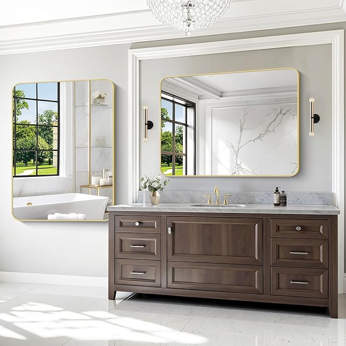 Gold Bathroom Mirror,36x48 inch Wall Mirror for Bathroom Wall Mounted,Round Rectangle Mirror for Bathroom Over Sink,Modern Frame for Home Decor Living Room,Bedroom Entryway,Horizontal/Vertical-StrideForce Fitness