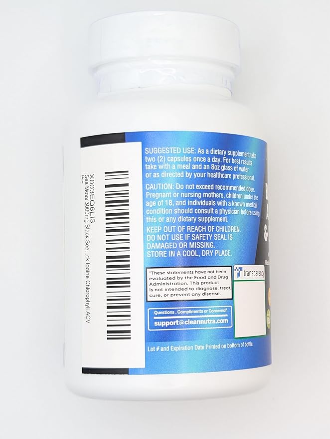 Clean Nutraceuticals Sea Moss Black Seed Oil Ashwagandha Turmeric Bladderwrack Burdock & Vitamin C Vitamin D3 with Elderberry Manuka Dandelion Yellow Dock Iodine Chlorophyll ACV-StrideForce Fitness