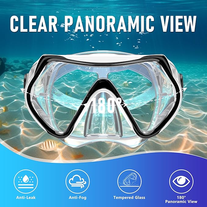 Snorkeling Gear, Dry Snorkel Set180° Panoramic Wide View,Anti-Fog Scuba Diving Mask, Professional Snorkeling Gear for Free Breathing, Swimming, Diving-StrideForce Fitness