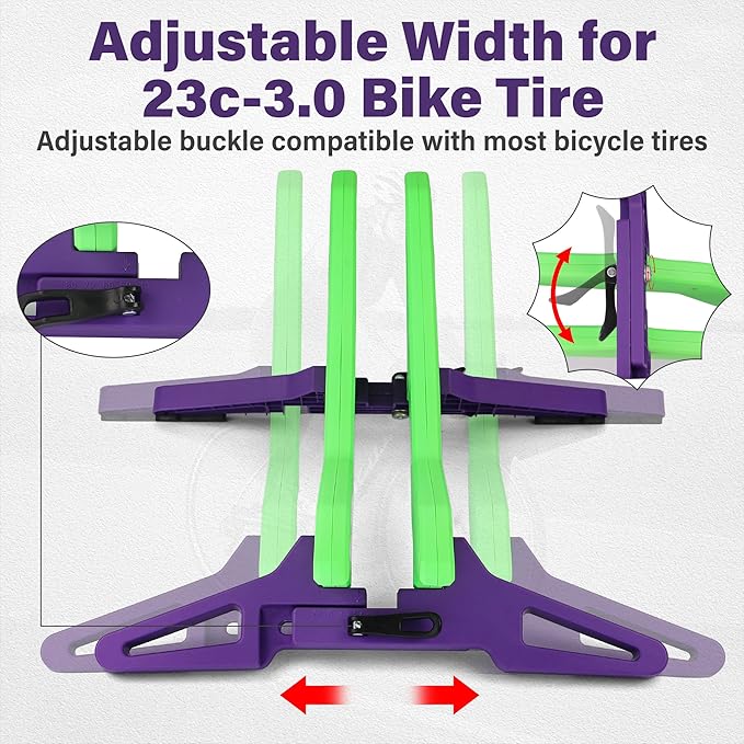 Adjustable Bike Parking Stand Fits 16-29 Inch Bicycles, Compatible with 23c-3.0 Tire Width – Heavy-Duty Plastic, Easy Installation, Stylish Two-Tone Design (Green&Purple)-StrideForce Fitness