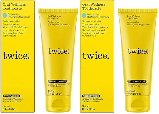 Twice Twice Oral Wellness Toothpaste with Fluoride – Natural Anticavity Toothpaste for Sensitivity Relief, Whitening & Fresh Breath, Wintergreen Peppermint, 3.4oz (Pack of 2)