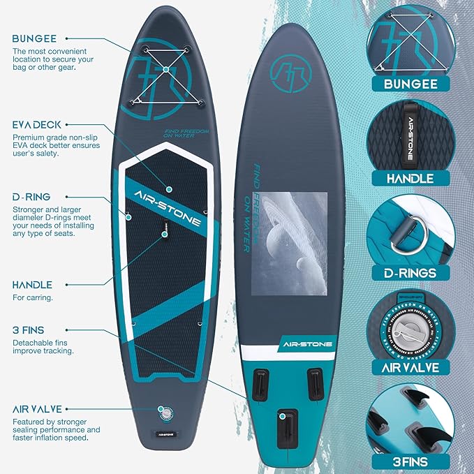 AIR-STONE 10'6” 450 lb Capacity，Inflatable Stand Up Paddle Board with sup Accessories Including Backpack, Repairing Kits, Non-Slip Deck, Leash, 3 Fins, Paddle and Hand Pump-StrideForce Fitness