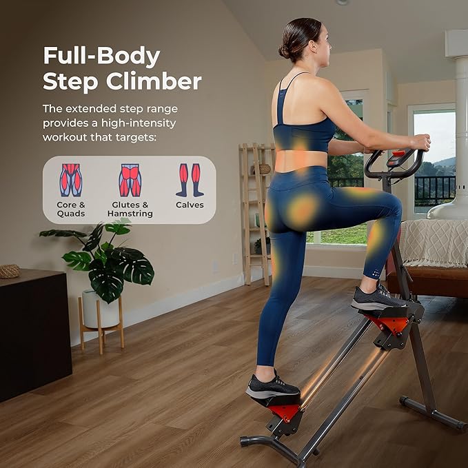 Sunny Health & Fitness Stair Stepper w/Handlebar, Extended Step Range Climber Machine for Legs, Core and Glute Workouts, Connection with Free SunnyFit App-StrideForce Fitness