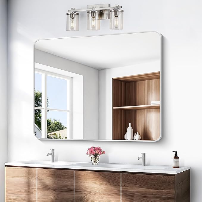 Silver Bathroom Mirror,40x48 inch Wall Mirror for Bathroom Wall Mounted,Rectangle Mirror for Bathroom Over Sink,Modern Frame Round Corner for Living Room,Bedroom Entryway,Horizontal/Vertical-StrideForce Fitness