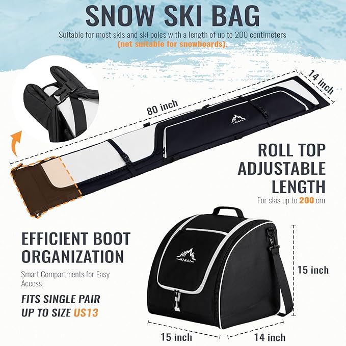 Ski Bag and Boot Bag Combo, Padded Skis Bag for Air Travel, Safety Reinforce Ski Carrier Bag Fits for Skis Up to 200 CM and Boots Up To Size US13, Water- resistant Ski Travel Bag-StrideForce Fitness