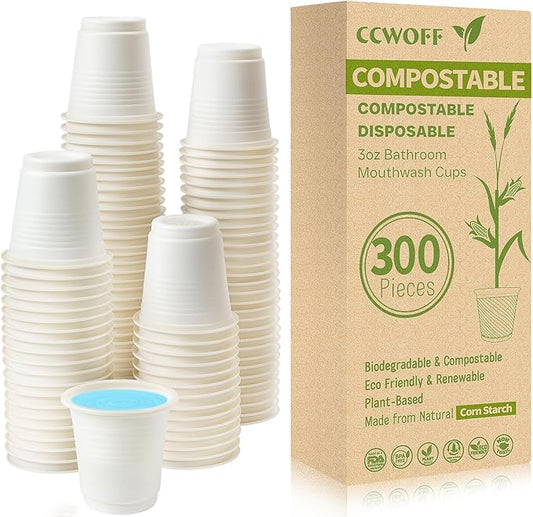 300PCS 3 OZ Compostable Biodegradable Eco Friendly Bathroom Cups - Small Disposable Mini Mouthwash Cups for Bath, Rinse, Shot, Drinking & Washing