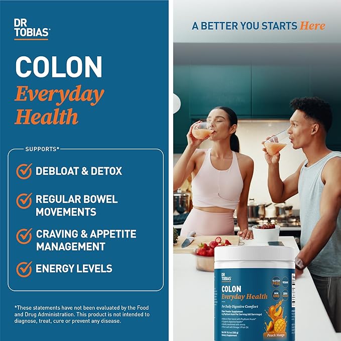 Dr. Tobias Colon Everyday Health - Gut Health for Women & Men - Psyllium Fiber Powder Drink with 4g Psyllium Husk Powder per Serving, Vegan, Gluten Free, Non-GMO, Peach Mango, 60 Servings-StrideForce Fitness
