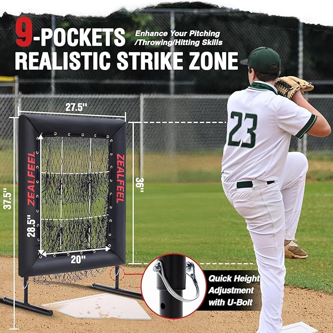 Baseball Pitching Net Pro, 9 Hole Pitching Net with Strike Zone Target, 5 Height Adjustable, Portable Easy Setup Trainer Net for Baseball & Softball with Ball, Home Plate & Pitching Rubber-StrideForce Fitness