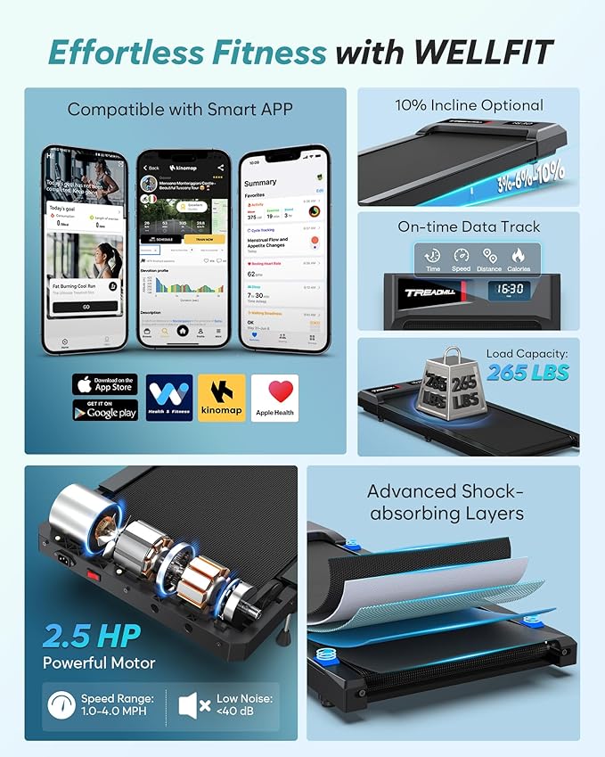 WELLFIT Auto Incline Folding Treadmill - 10% Incline Desk Walking Pad Treadmill with Handlebar, 400 lbs Heavy-Duty Capacity, Space-Saving Quiet Under-Desk Design for Home Office, Seniors & Fitness-StrideForce Fitness