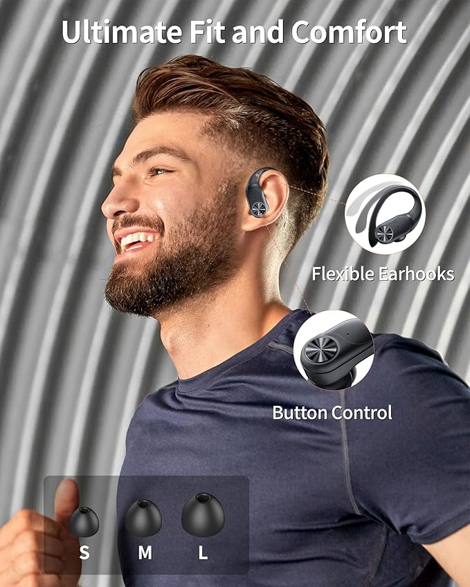 PocBuds Bluetooth Headphones Wireless Earbuds 80hrs Playtime Wireless Charging Case Digital Display Sports Ear Buds with Earhook Deep Bass IPX7 Waterproof Over-Ear Earphones for TV Phone Laptop Black-StrideForce Fitness