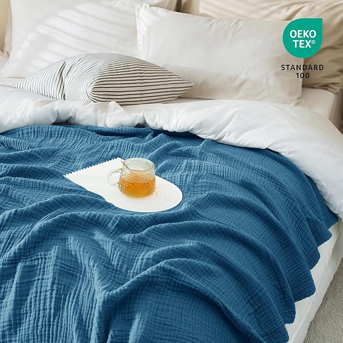 Carriediosa 100% Cotton Muslin Throw Blanket 108" X 90" King Size，4-Layers Summer Gauze Throws for Bed Couch，Soft Lightweight Breathable Linen Blankets Bedspread for Adults All Season，Dusty Blue-StrideForce Fitness