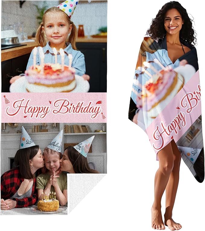 JML Birthday Gifts for Mom Dad Daughter Son, Personalized Beach Towel with Photo Text, Custom Beach Towel Gift for Mother's Day, Anniversary, Family Day, Summer Holiday, Vacation-StrideForce Fitness