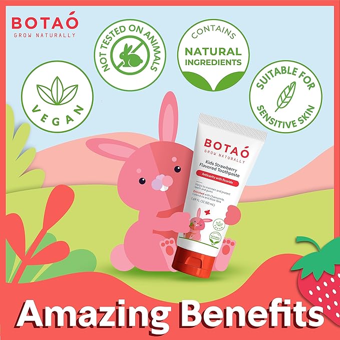 Kids Natural Strawberry Flavored Anticavity Fluoride Toothpaste Maximum Cavity Protection Cleans Children’s Teeth Protects Gums Chamomile Aloe Vera Calendula Xylitol for Ages 2 and Up