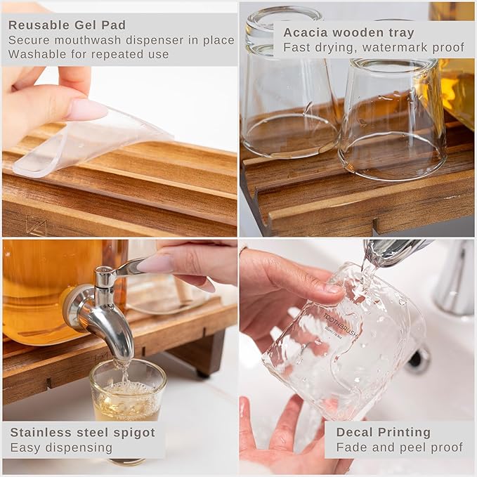 Glass Mouthwash Dispenser for Bathroom Decor with Bathroom Cups, Glass Electric Toothbrush Holder and Wooden Tray – Minimalist Bathroom Accessories for Home Decor - ZUTT
