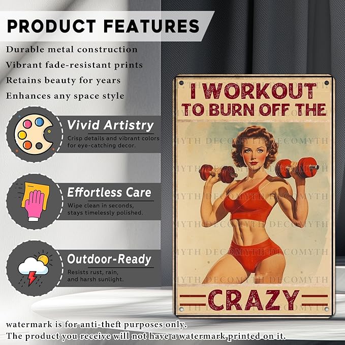 Vintage Girl Gym Tin Sign I Workout to Burn off The Crazy Retro Fitness Wall Decor Nostalgic Art Funny Workout Room Inspirational Metal Poster Store Cafe Pubs Bedroom Bathroom 12 * 8inch-StrideForce Fitness