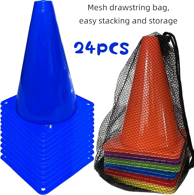 24 Pcs 7 Inch Plastic Traffic Cones, Basketball Football Drills, Skating, Sport Training Agility Markers, Indoor Outdoor Games, Multicolor-StrideForce Fitness
