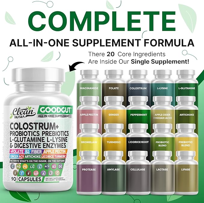 Clean Nutraceuticals Colostrum Supplement Capsules Probiotics Pills Prebiotics, L-Glutamine, Digestive Enzymes, Folate, Fiber, ACV, Turmeric, Apple Pectin and Turmeric Good Gut-StrideForce Fitness