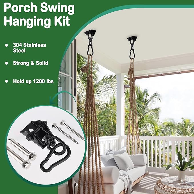 Hammock Hanging Kit 2 Pack, Porch Swing Hanging Kit 1200 Lb Capacity, Hammock Ceiling Hooks Heavy Duty 360°Rotating Hanging Swing Chair Hardware for Hammock Chair Stand, Porch, Yoga, Gym-StrideForce Fitness