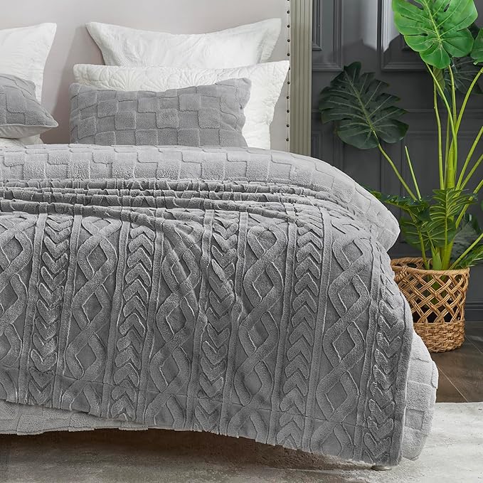 Cozy Bliss Faux Fur Throw Blanket for Couch, Jacquard Fuzzy Plush Soft Thick Winter Throw Blanket for Sofa Bed Living Room Bedroom，50"x60" Grey-StrideForce Fitness