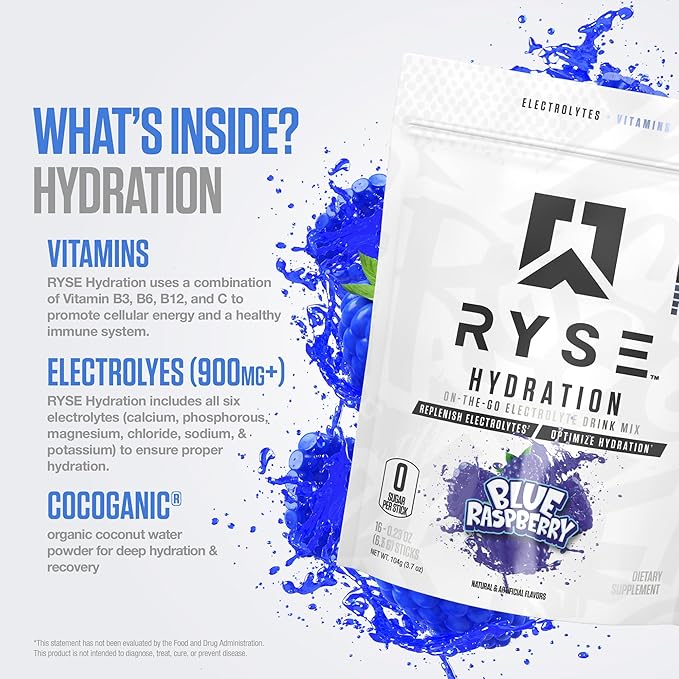 RYSE Hydration Electrolyte Powder Drink Mix Packets - Blue Raspberry - Sugar-Free Full Spectrum Electrolytes with Essential Vitamins, Taurine and Choline for Rehydration - 16 Serving Sticks-StrideForce Fitness